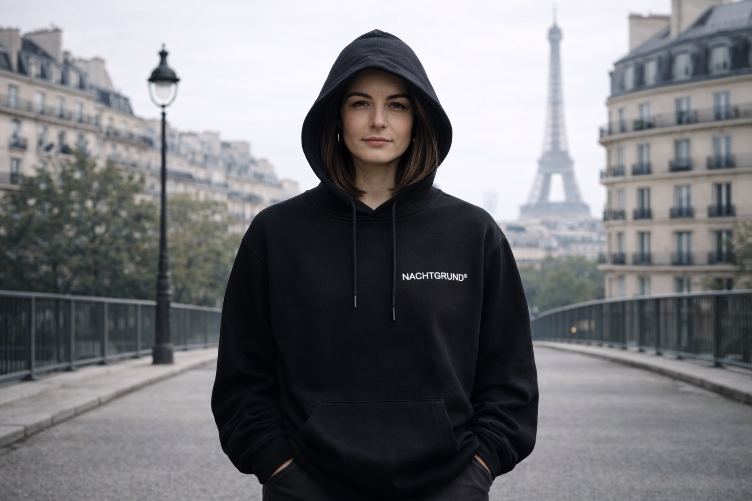 Junges weibliches Model trägt schwarzen Nachtgrund Hoodie in Pariser Stadtumgebung, minimalistische Streetwear aus Europa